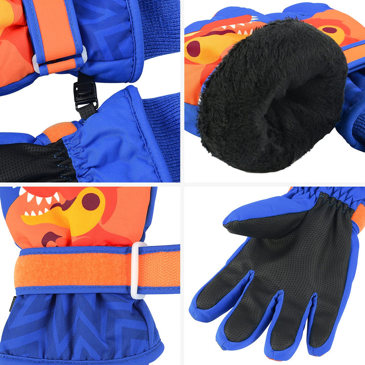Kids Waterproof Winter Gloves Warm Snow Gloves Boys Girls Ski Gloves Toddler Mittens Windproof Royal Blue Dinosaur S