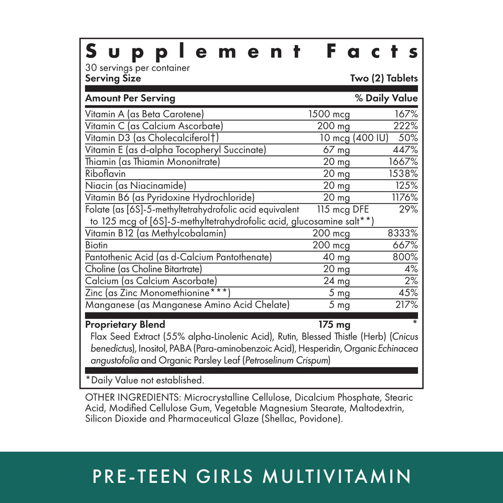 Health Naturopathic Programs Pre-Teen Girls - 60 Vegetarian Tablets - Daily Multivitamin for Healthy Growth & Development - Kosher - 30 Servings