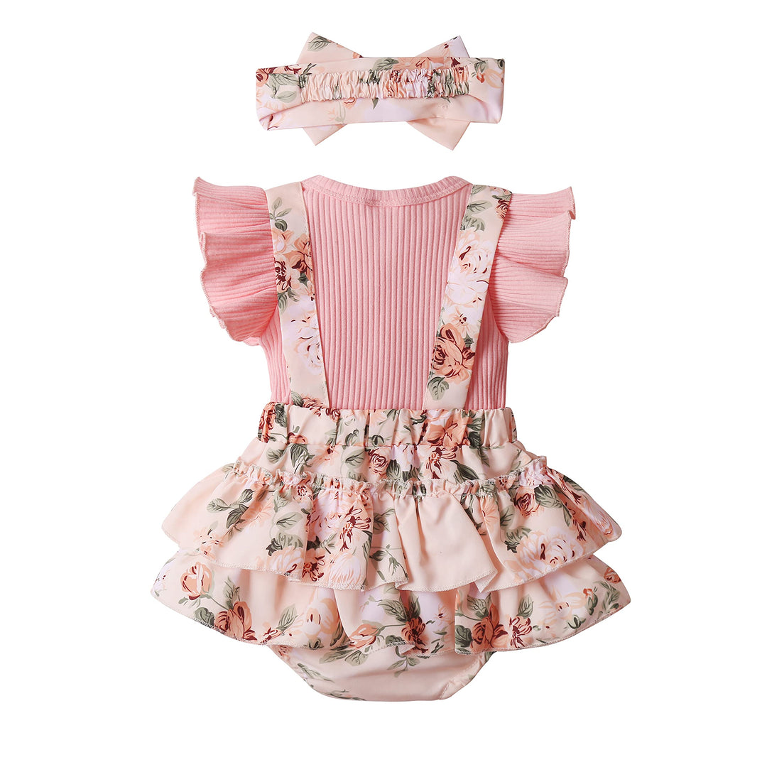 Newborn Baby Girl Clothes Summer Infant Romper Outfit Short Sleeve Suspender Ribbed Shorts Clothing with Headband 0-3 Months