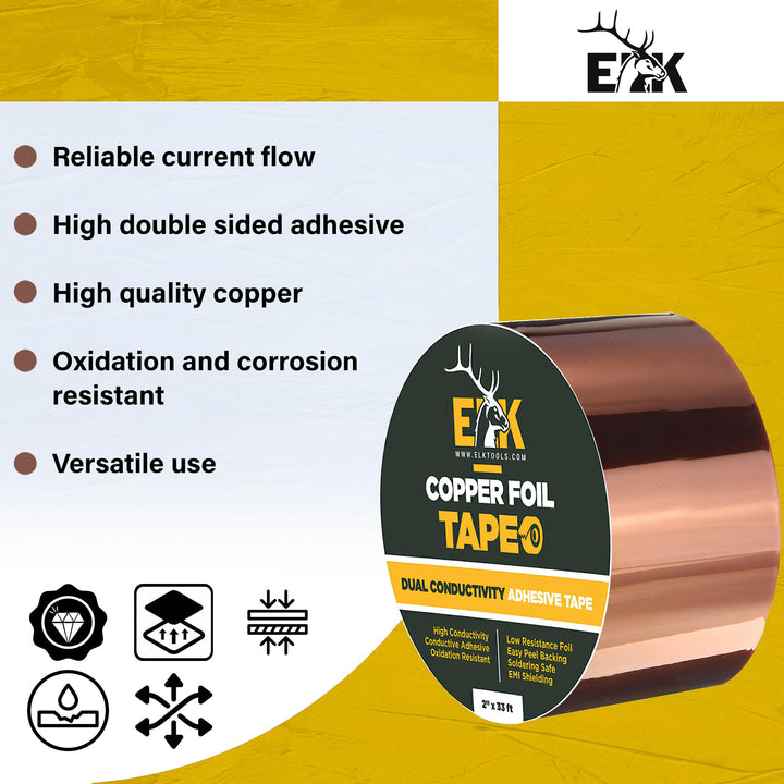 Copper Foil Tape - 2” x 33ft - with Conductive Adhesive for Guitar, Crafts, Electrical Repairs and Grounding - Conductive Copper Tape