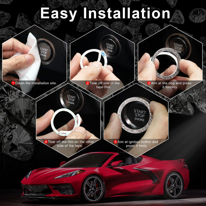 2 PCS Crystal Double Rhinestone Car Engine Start Stop Decoration Ring, Bling Car Interior Accessories for Women, Push to Start Button Cover/Sticker, Key Ignition &amp; Knob Bling Ring, White