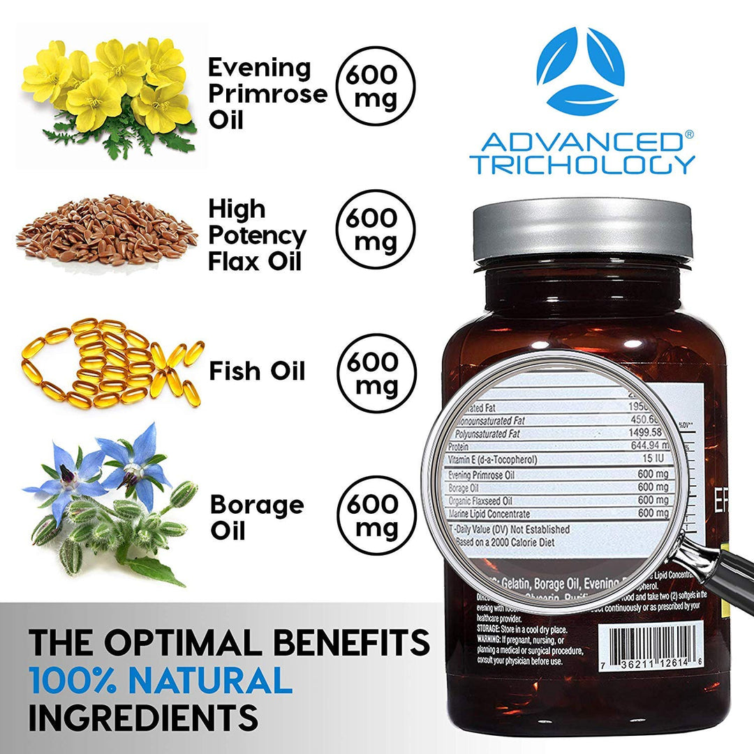 EFA COMPLETE with Optimal OMEGA 3 6 9 levels of High Potency Flax Oil, Fish Oil, Borage Oil, and Evening Primrose Oil 800mgs (90count) 3rd Party Tested - High in GLA and 369 Omegas