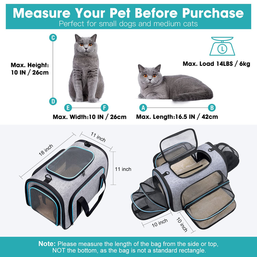 4 Way Expandable Pet Carrier, Airline Approved Collapsible Cat Soft-Sided Carriers W/Removable Fleece Pad for Cats, Puppy, Small Dogs (18x 11x 11)