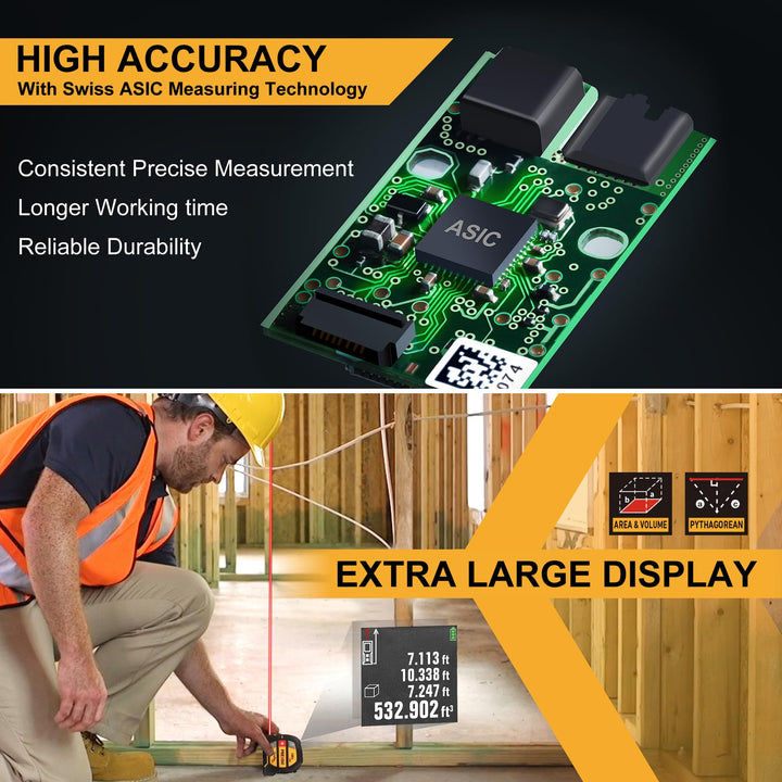 PREXISO 2-in-1 Laser Tape Measure - NOT DIGITAL TAPE - 135Ft Rechargeable Laser Measurement Tool &amp; 16Ft Measuring Tape Movable Magnetic Hook - Pythagorean, Area, Volume, Ft/Ft+in/in/M Unit-NOT Digital