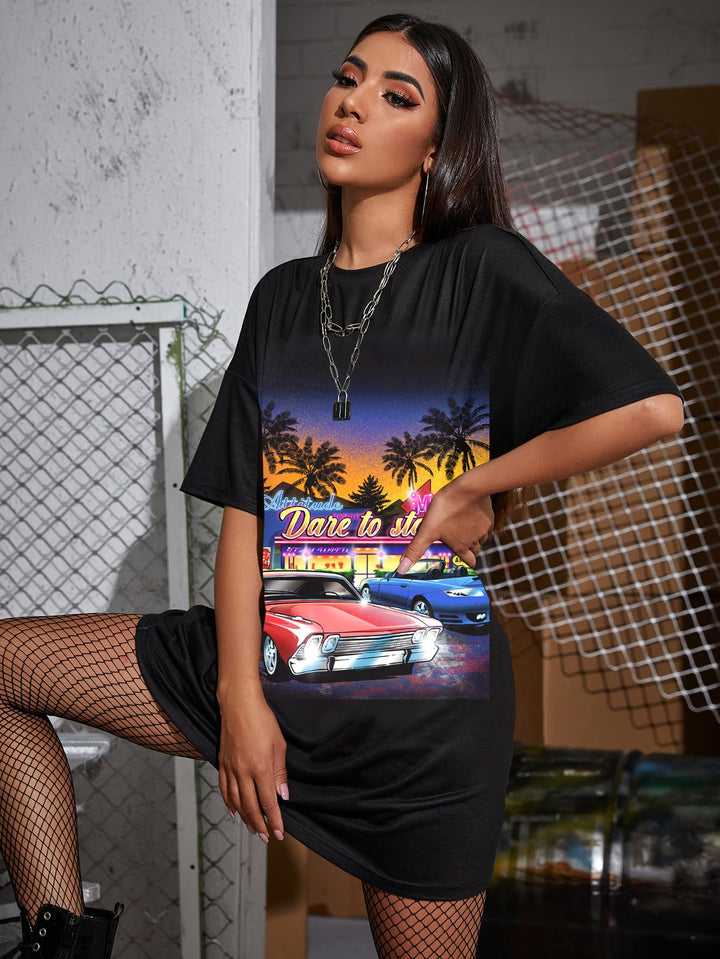 Women&#39;s Casual Graphic Print Short Sleeve Loose T Shirt Dress Black L