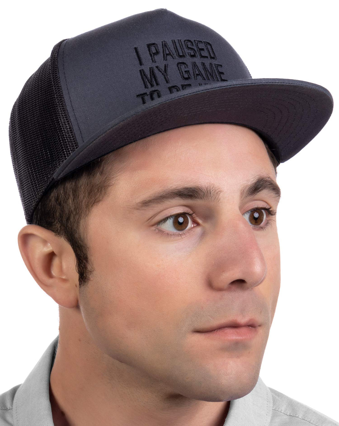 I Paused My Game to Be Here | Funny Video Gamer Humor Joke for Men Women Hat Cap-(Trucker, 2 Tone) Grey/Black