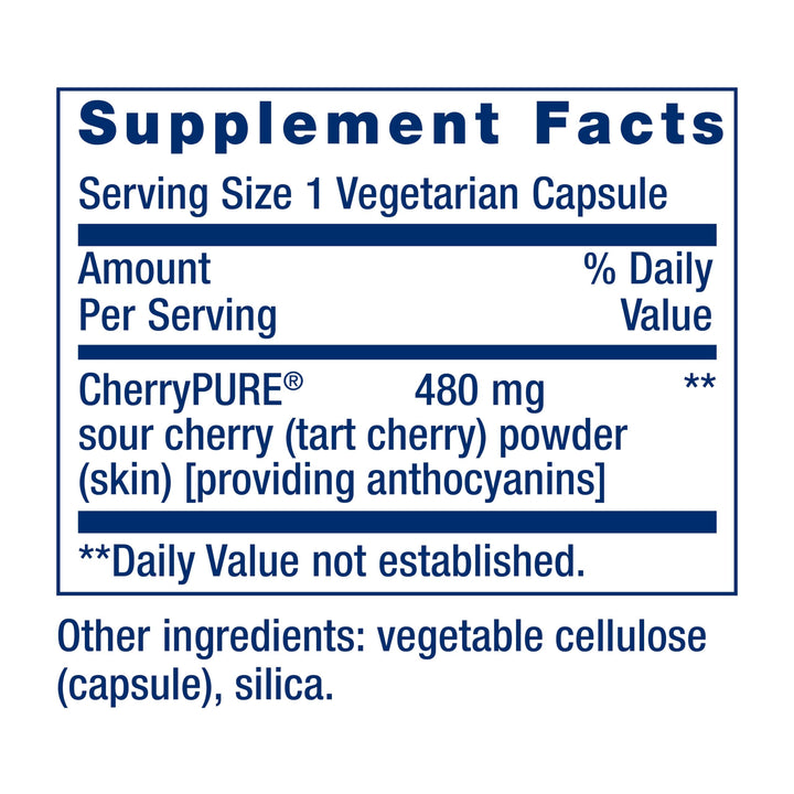 Tart Cherry with CherryPURE®, anthocyanins, oxidative Stress, Muscle Recovery, Exercise Support, Muscle Comfort, Vegetarian, Gluten-Free, Non-GMO, 60 Capsules