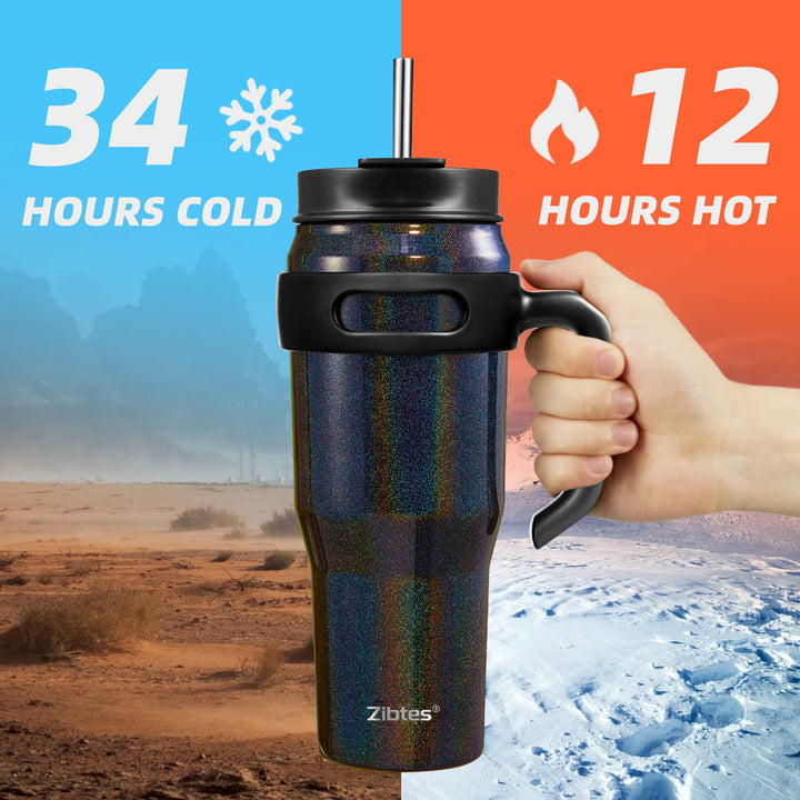 40oz Insulated Tumbler With Lid and Straws, Stainless Steel Double Vacuum Coffee Tumbler With Handle, Keeps Drinks Cold up to 34 Hours or Hot for 12 Hours(Glitter Black 1 pack)