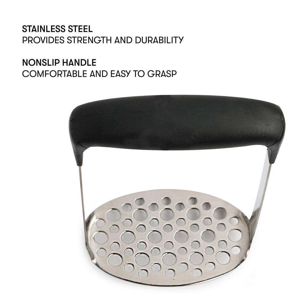 Heavy Duty Stainless Steel Masher, Broad and Ergonomic Horizontal, Fine Plate for Smooth Mashed Potatoes, Soft Grip and Non-Slip Handle, Black