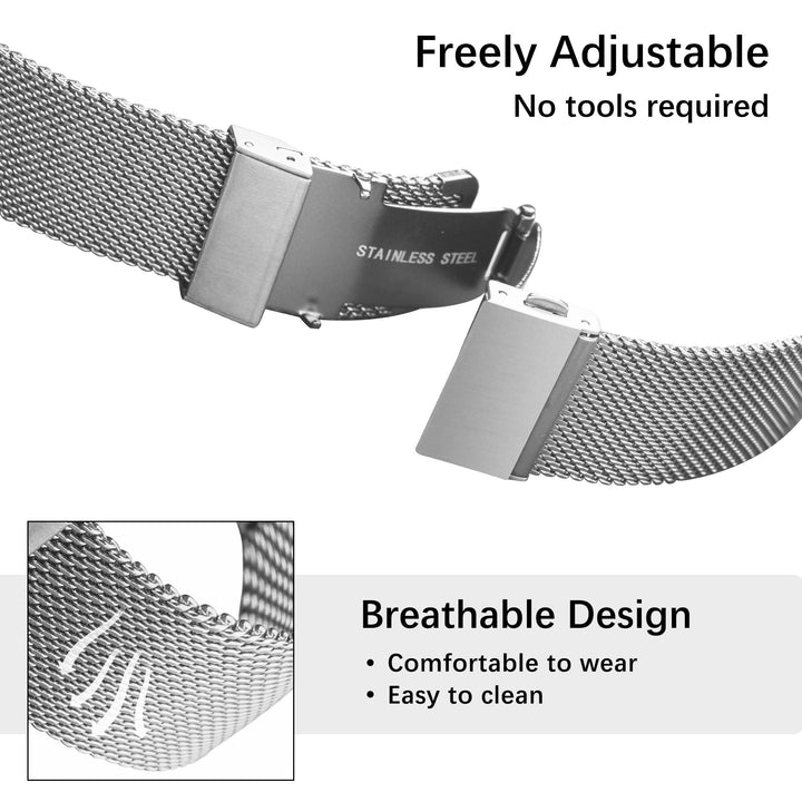 Stainless Steel Mesh Watch Band 20mm for Men Women Quick Release Adjustable Mesh Watch Straps Silver