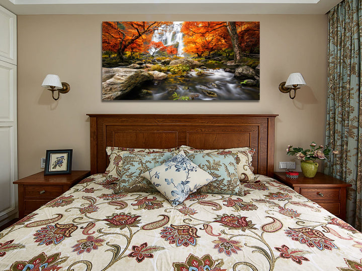 Landscape Canvas Wall Art Waterfall Nature Forest Scenery Painting, Modern Scene Artwork Mountain Scenery Picture Framed for Living Room Bedroom Bathroom Home Office Decor, Large Size 48x24