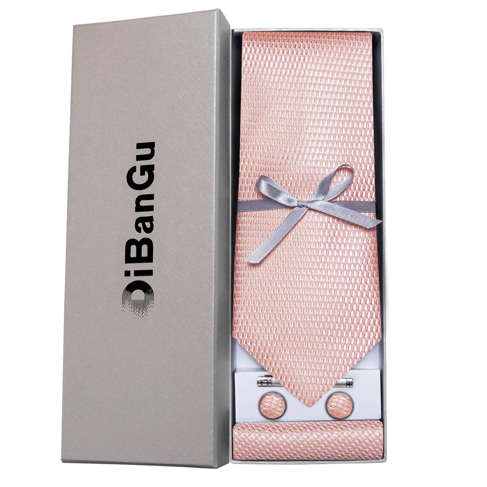 Plaid Ties for Men Silk Checkered Necktie and Pocket Square Cufflinks Tie Clip Set with Gift Box for Wedding Business, Rose Gold