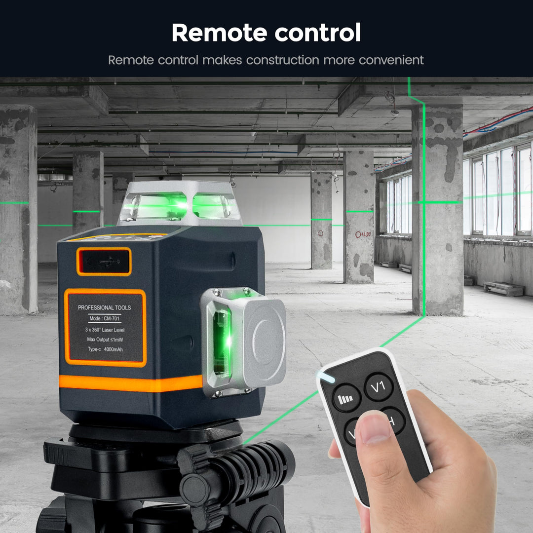 Laser Level Self Leveling 3x360° 3D Green Cross Line for Construction and Picture Hanging, Rechargeable battery, Remote Controller, Magnetic Rotating Stand Included