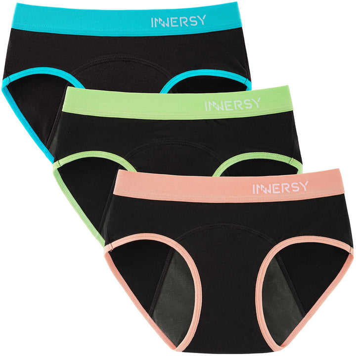 Big Girls&#39; Period Panties Menstrual Underwear for First Period Starter 3-Pack(Colored Black,L(12-14 yrs))