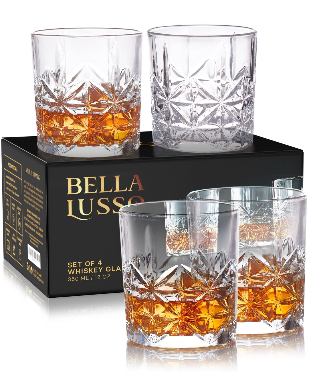 Whiskey Glasses Set of 4,12 oz - Premium Gift Box for Men - Rock Tumblers for Bourbon, Scotch, Cognac, Brandy, Rum, Liquor, Cocktails - Old Fashioned Clear Glassware - Luxury Alcohol Drinking Barware