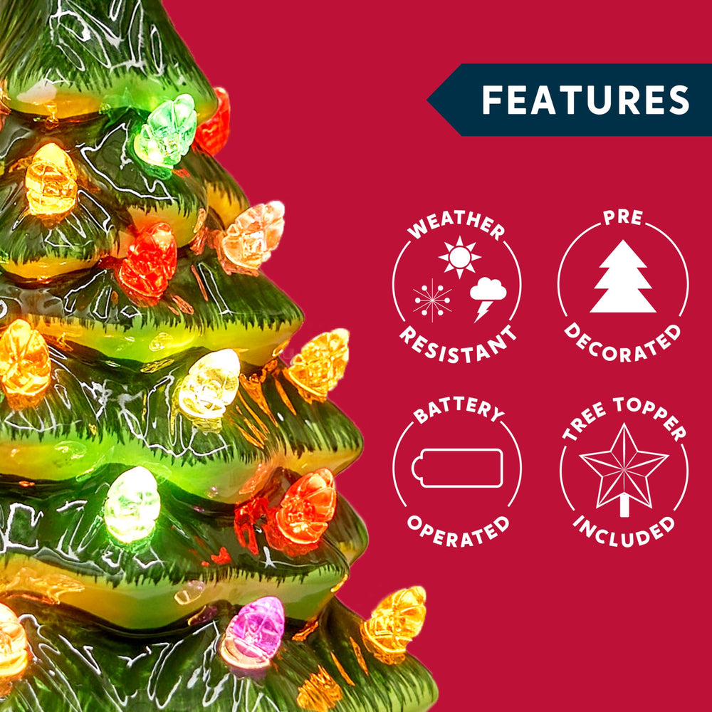 7 Ceramic Christmas Tree with Gift Box, Mini Prelit Tabletop Christmas Tree with Multicolored Bulbs for Best Desk Decoration