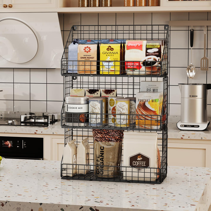 3 Tier Stackable Tea Bag Organizer Large Size with 5 Hooks Metal Wire Basket Coffee Snack Rack Holder Countertop Caddy Bin Wall Mount Shelf for Office Kitchen Cabinet Pantry - White Patent Desgin