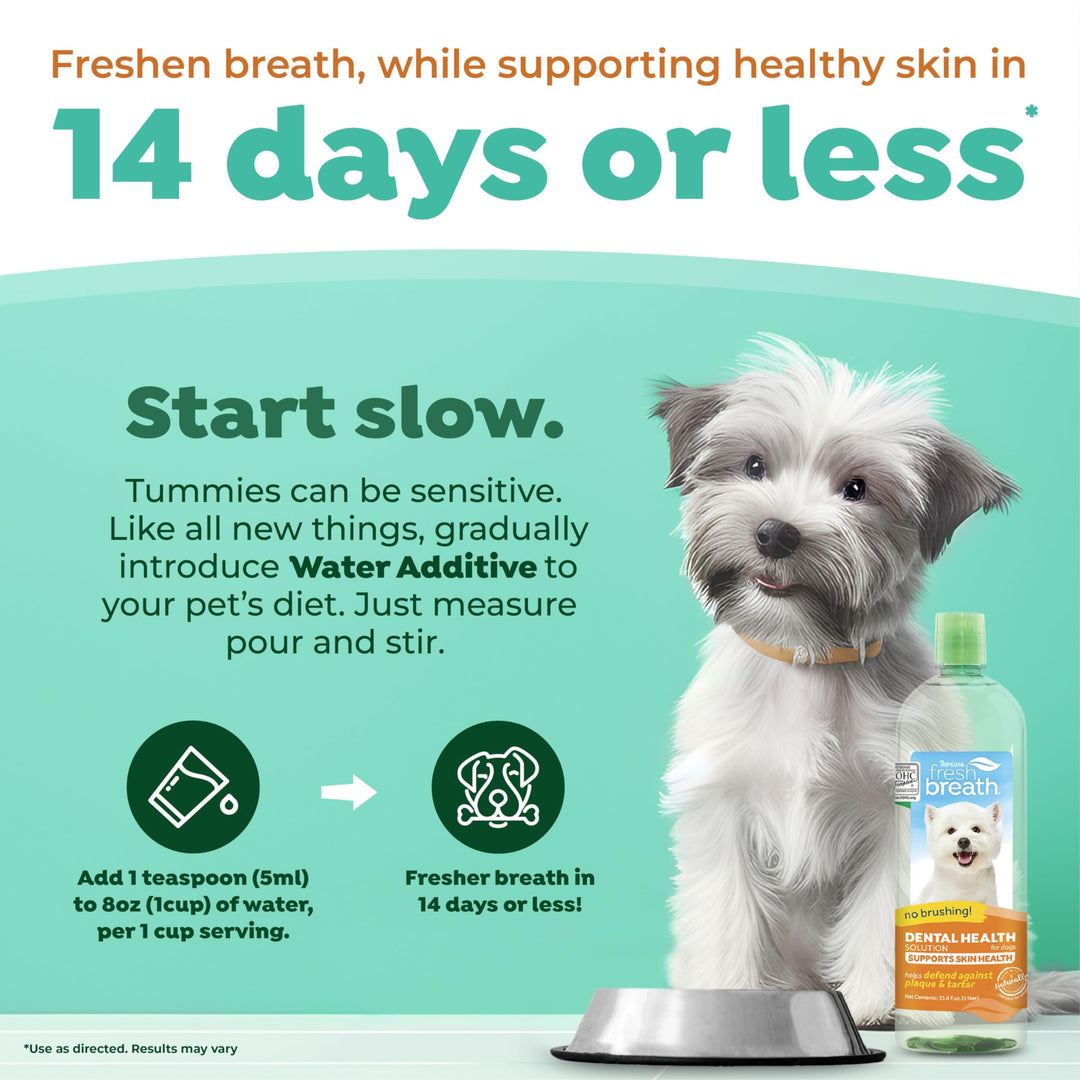 Fresh Breath with Omega 3 &amp; 6 for Skin Health Water Additive for Dogs | Breath Freshener and Teeth Cleaning Solution | 33.8oz.