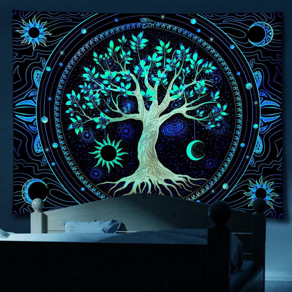 Tapestry for Bedroom Aesthetic Black Light Tree of Life Tapestry UV Reactive Colorful Trippy Wall Tapestry Hippie Sun Moon star Galaxy Tapestries Nature Home Forest Wall Hanging Decor