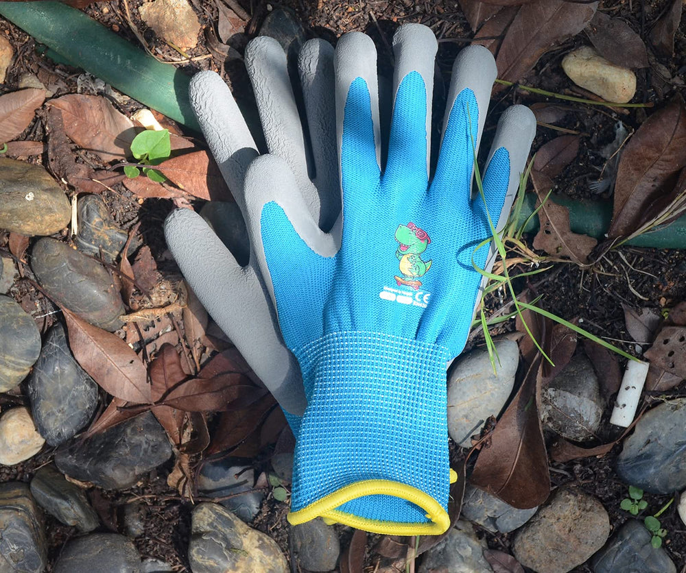 Ages 5-7 Kids Gardening Gloves,Yard Work Gloves for Toddlers, Youth, Girls, Boys, Childrens, Soft Safety Rubber Gloves (XXS Age 5-7, 1 Pair Blue Dinosaur)