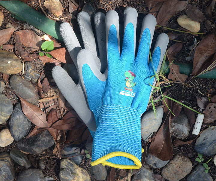 Ages 5-7 Kids Gardening Gloves,Yard Work Gloves for Toddlers, Youth, Girls, Boys, Childrens, Soft Safety Rubber Gloves (XXS Age 5-7, 1 Pair Blue Dinosaur)