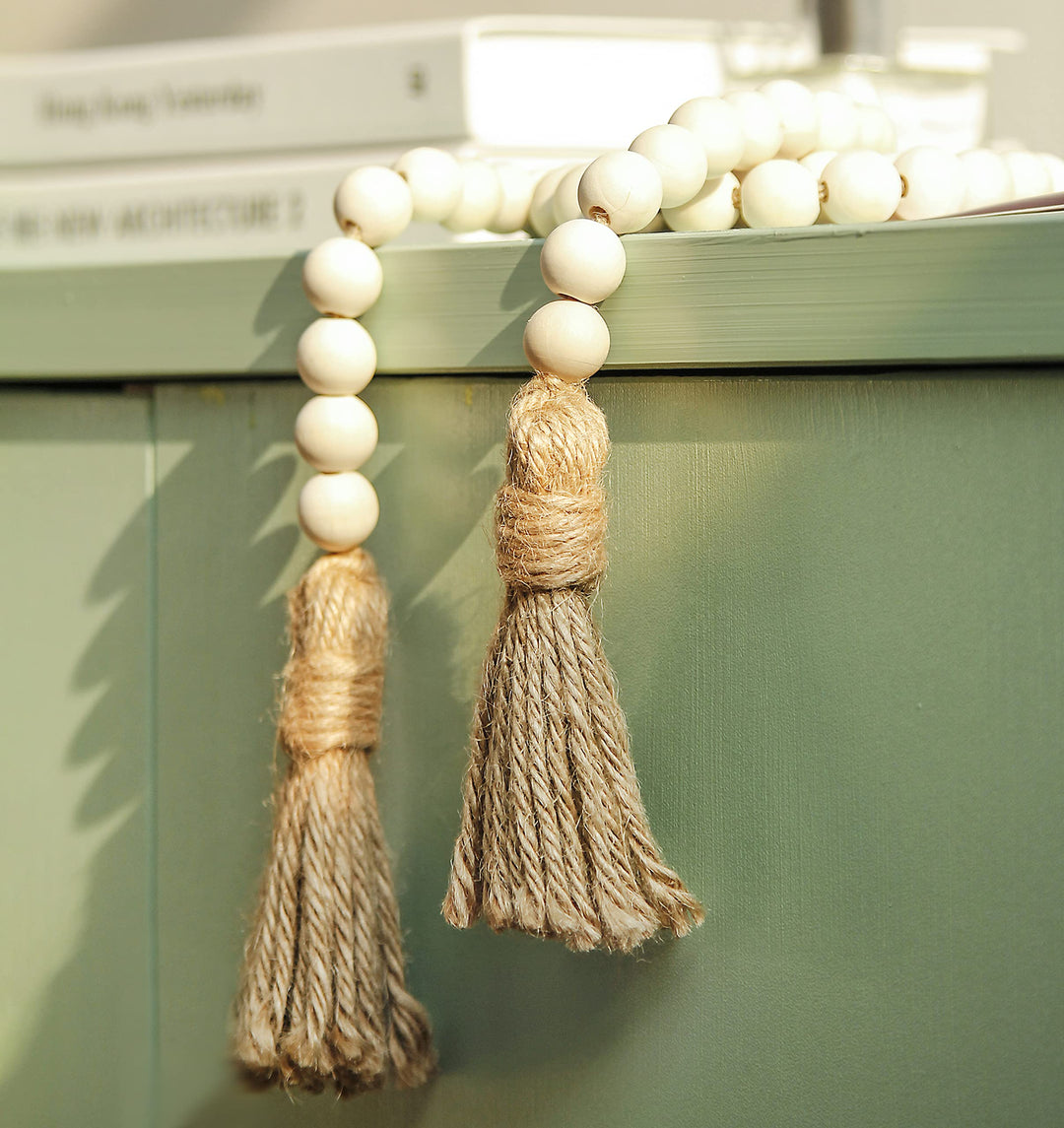 39in Wood Bead Garland Farmhouse with Tassels,Versatile Prayer Beads Boho Chic Wall Hanging Home Decor(Natural)
