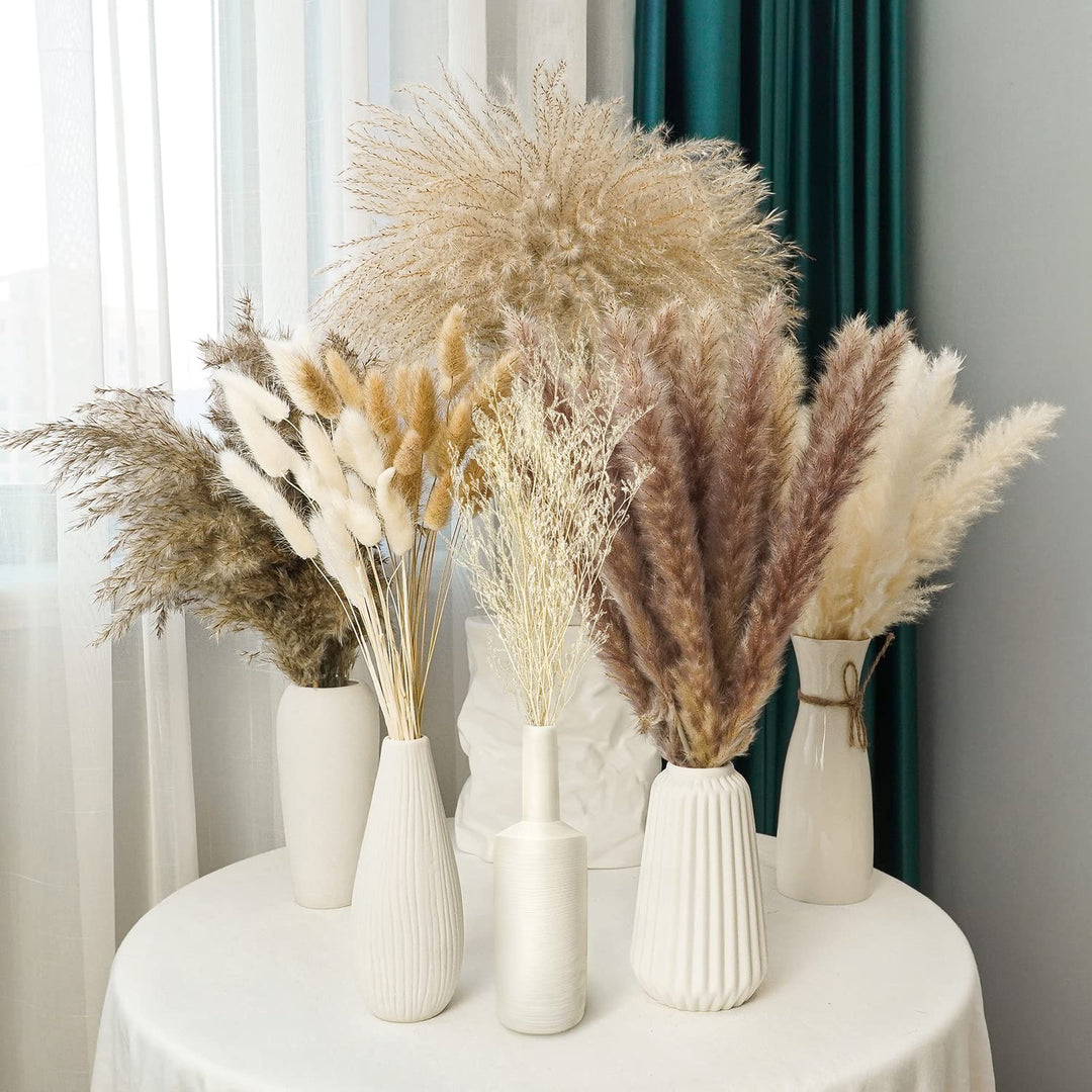 Dried Pampas Grass Decor 145 PCS 17Inch 43cm Natural Dried Pampas Grass Bouquet Boho Home Decor Bunny Tail Grass Brown Rabbit Pampas Reed Grass Fluffy Stem White Pompous Plants Decor Flower