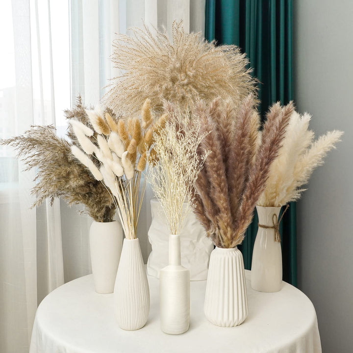 Dried Pampas Grass Decor 145 PCS 17Inch 43cm Natural Dried Pampas Grass Bouquet Boho Home Decor Bunny Tail Grass Brown Rabbit Pampas Reed Grass Fluffy Stem White Pompous Plants Decor Flower