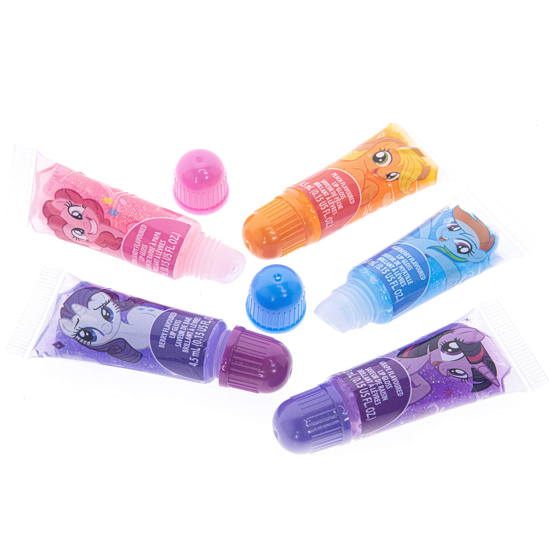 My Little Pony 10 Pcs Sparkly Cosmetic Beauty Makeup Set for Kids Girls Teen with 5 Pcs Lip Gloss, 5 Pcs Nail Polish &amp; Nail Stickers Perfect for Parties, Sleepovers and Makeovers Age 3+
