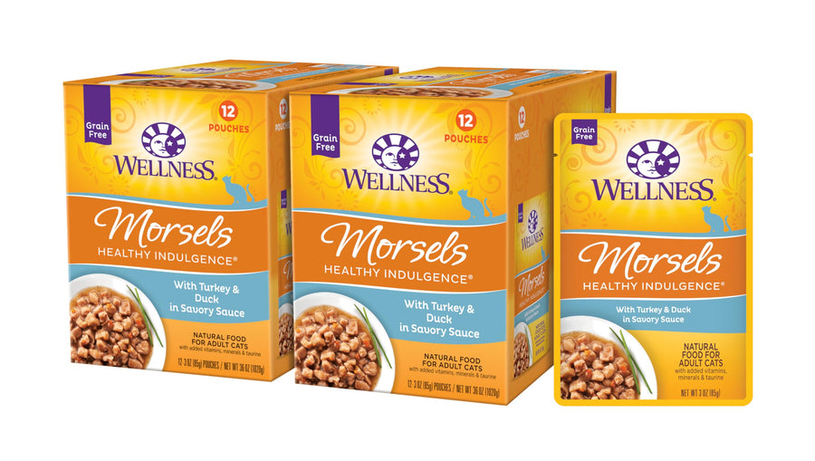 Healthly Indulgence Morsels Adult Wet Cat Food, Natural, Protein-Rich, Grain Free, 3 Ounce Pouch, 24 Pack, (Turkey & Duck)