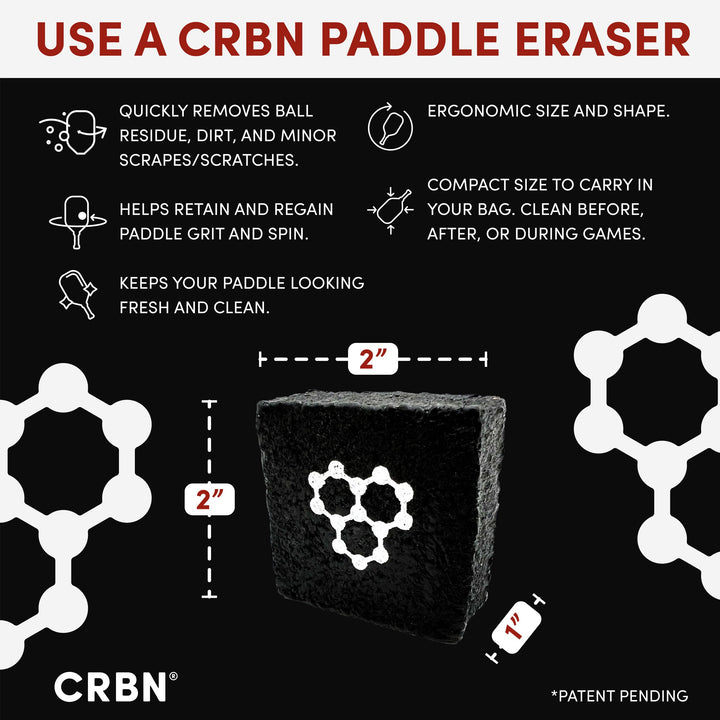 Paddle Eraser, Best Carbon Fiber Pickle Ball Racket Cleaner, Fast &amp; Easy Rubber Bar to Remove Ball Residue, Dirt, &amp; Minor Scrapes/Scratches - Patent Pending