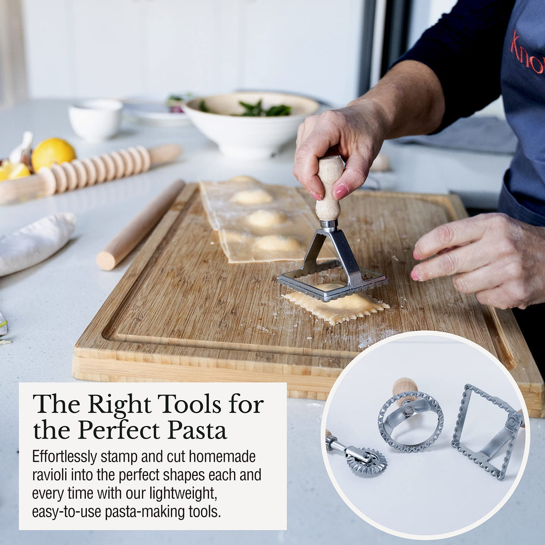 Complete 6 Pcs Pasta Making Tool Set Includes Two Ravioli Stamp Maker Cutter And Roller Wheel Set, Two Pasta Rolling Pins, Gnocchi Board By