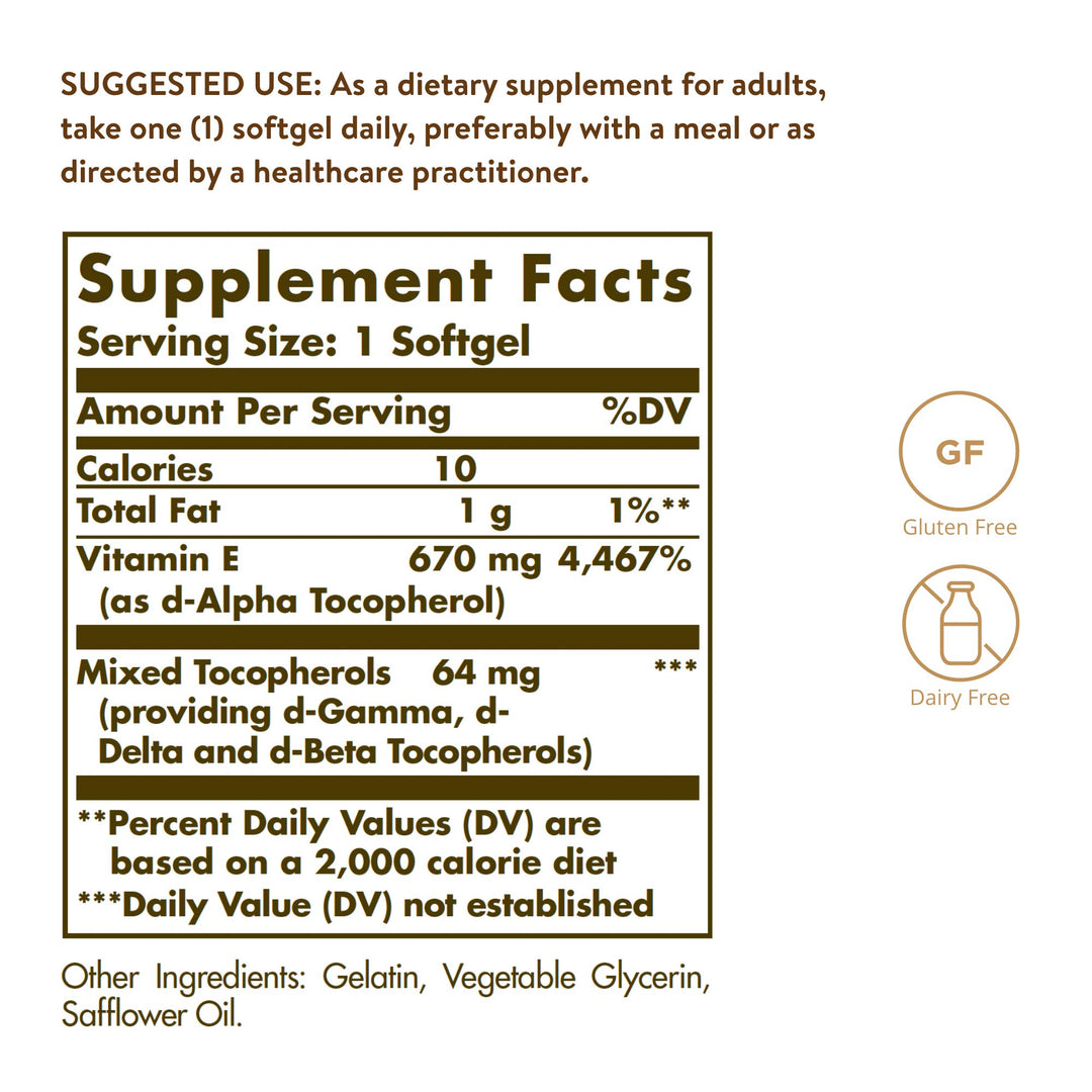 Solgar Vitamin E 670 mg (1000 IU), 100 Mixed Softgels - Natural Antioxidant, Skin &amp; Immune System Support - Naturally-Sourced Vitamin E - Gluten Free, Dairy Free - 100 Servings