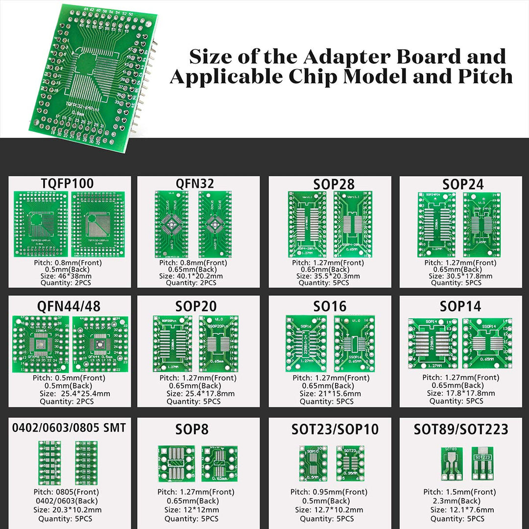 12 Types SMD to DIP Adapter PCB Proto Board Kit SOP8 SOP10 SOP14 SOP16 SOP20 SOP24 SOP28 0402/0603/0805 SMT SOT89/SOT223 TQFP100 QFN32 QFN44/48 with 40pcs 2.54mm Pin Header