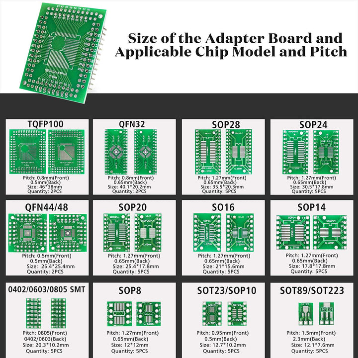 12 Types SMD to DIP Adapter PCB Proto Board Kit SOP8 SOP10 SOP14 SOP16 SOP20 SOP24 SOP28 0402/0603/0805 SMT SOT89/SOT223 TQFP100 QFN32 QFN44/48 with 40pcs 2.54mm Pin Header