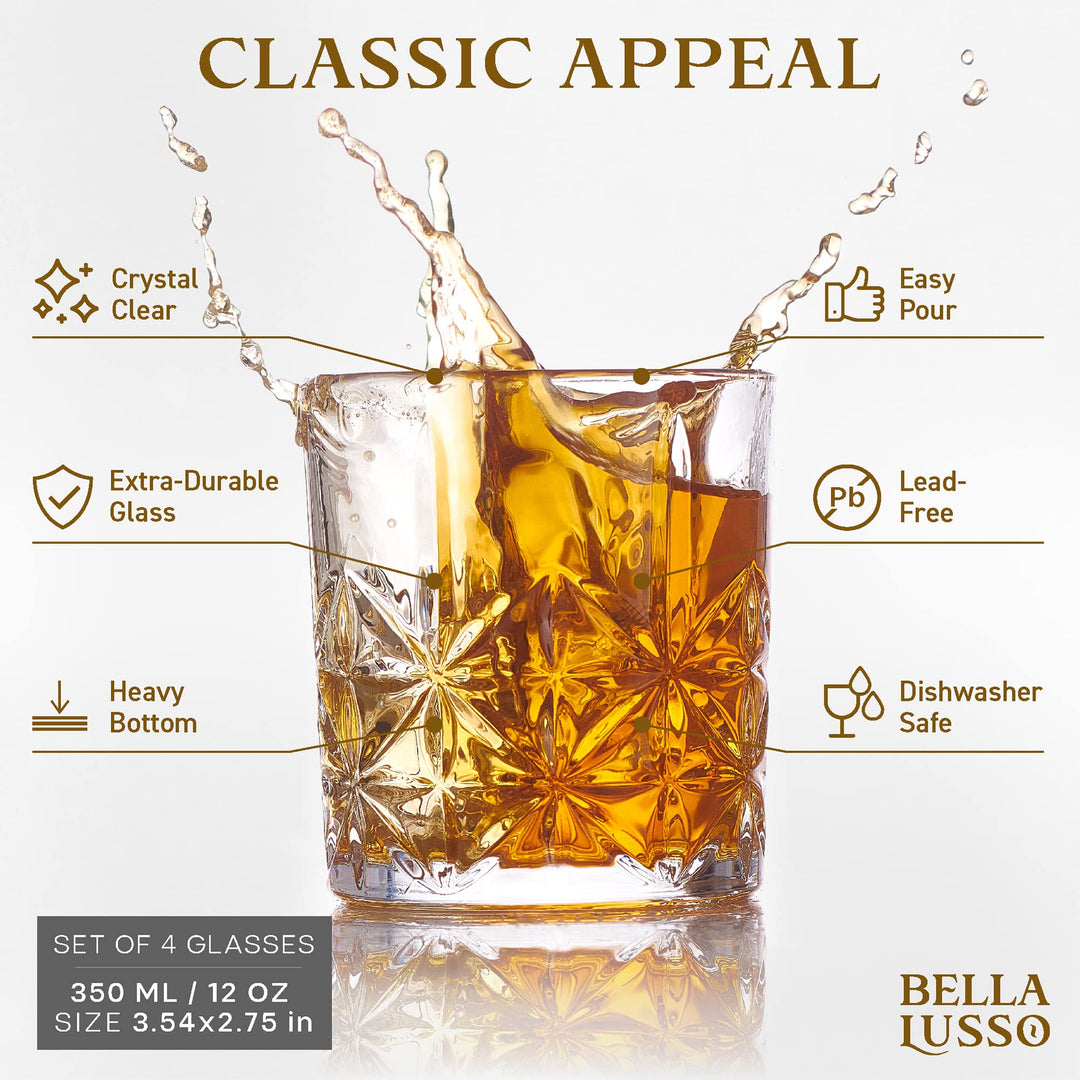 Whiskey Glasses Set of 4,12 oz - Premium Gift Box for Men - Rock Tumblers for Bourbon, Scotch, Cognac, Brandy, Rum, Liquor, Cocktails - Old Fashioned Clear Glassware - Luxury Alcohol Drinking Barware