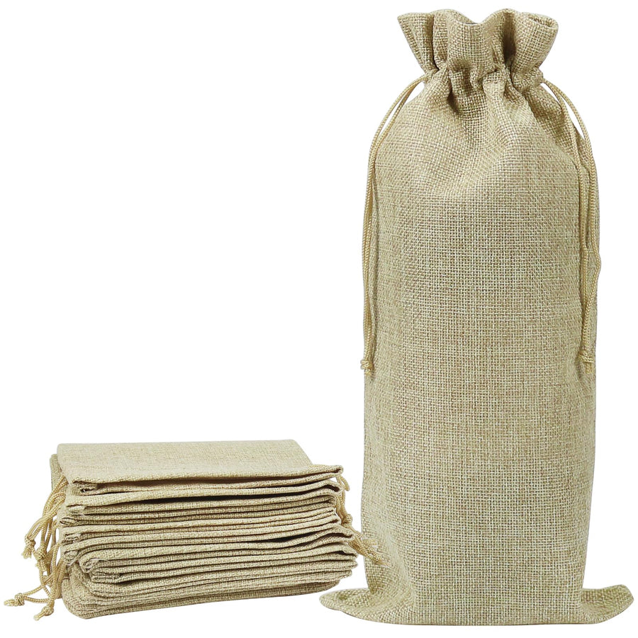 10pcs Jute Wine Bags, 14 x 6 1/4 inches Hessian Wine Bottle Gift Bags with Drawstring (Brown)