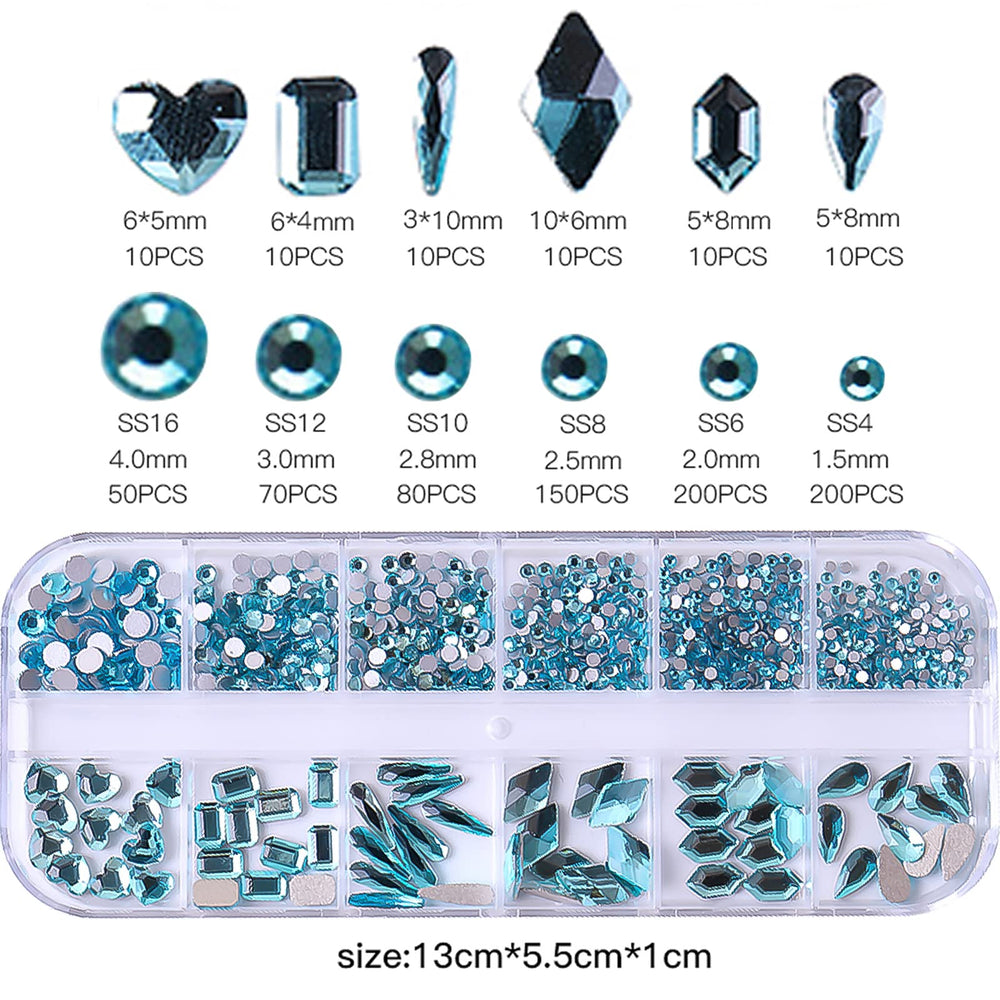 SKY Blue Rhinestones for Nails Design 810Pcs Blues Nail Art Rhinestone Beads Flatback Gems for Nail Multi 6 Shapes Nails Crystal Diamonds for Nail DIY Craft Makeup Jewelry (SKY Blue)