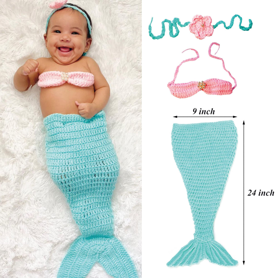 M&amp;G House Newborn Photography Prop Mermaid Outfit Baby Photo Props Handmade Crochet Mermaid Tail Outfit Baby Mermaid Costume Set Headband Bra Tail