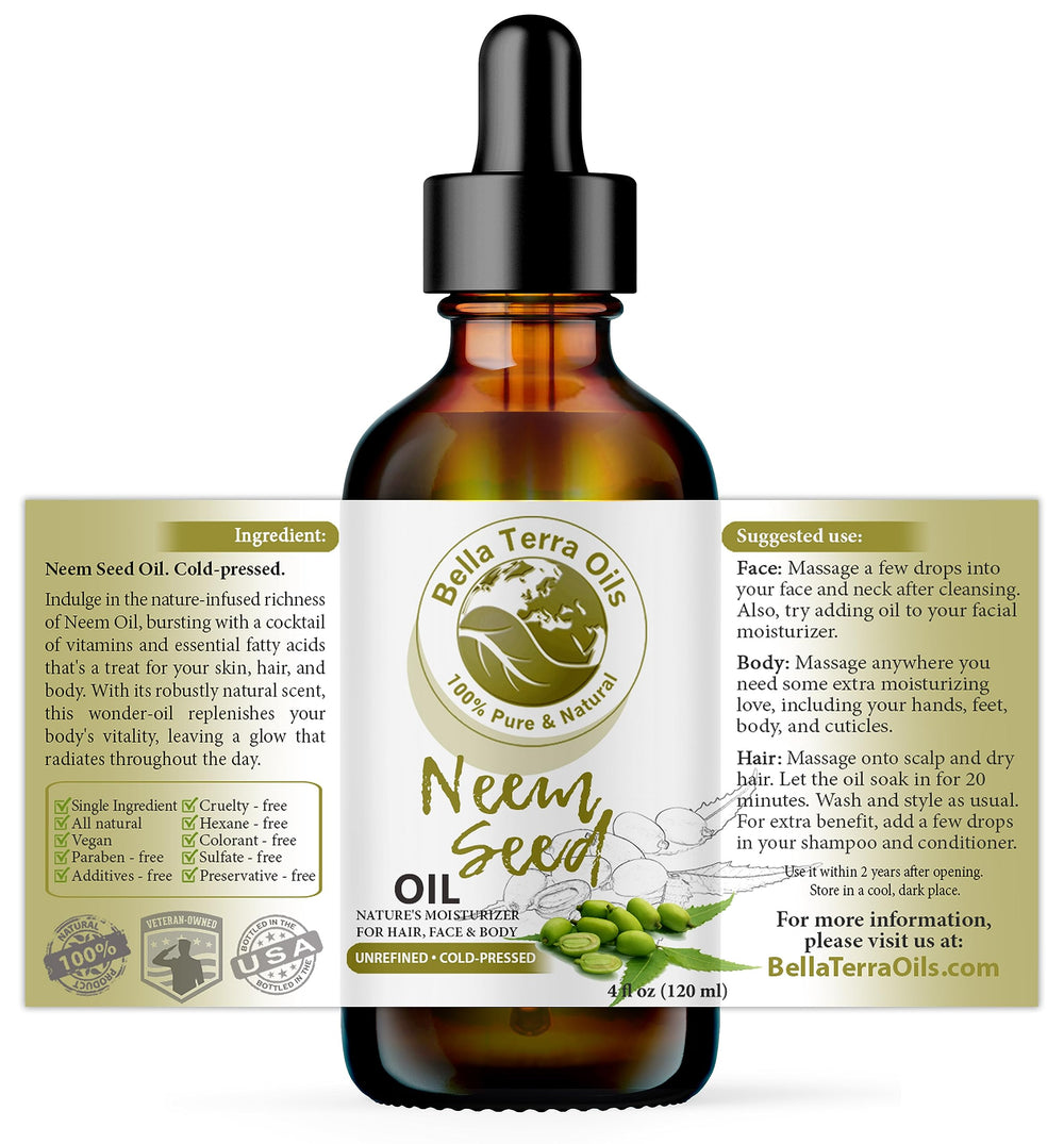 Bella Terra Oils New Neem Seed Oil. 4Oz. Cold-Pressed. Unrefined. Organic. 100% Pure. Antiseptic. Antifungal. Hexane-Free. Fights Wrinkles. Softens Hair. Natural Moisturizer. For Hair, Skin, Soapma