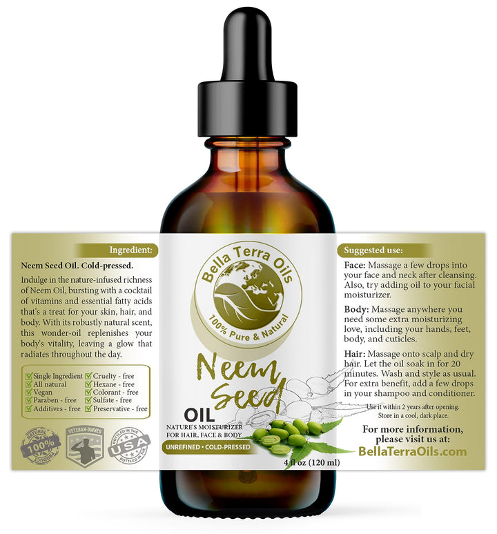 Bella Terra Oils New Neem Seed Oil. 4Oz. Cold-Pressed. Unrefined. Organic. 100% Pure. Antiseptic. Antifungal. Hexane-Free. Fights Wrinkles. Softens Hair. Natural Moisturizer. For Hair, Skin, Soapma