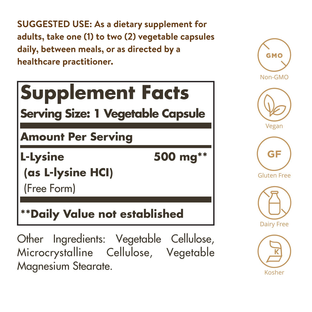 Solgar L-Lysine 500 mg, 250 Vegetable Capsules - Enhanced Absorption & Assimilation - Promotes Integrity of Skin & Lips - Collagen Support - Amino Acids - Non-GMO, Vegan, Gluten Free