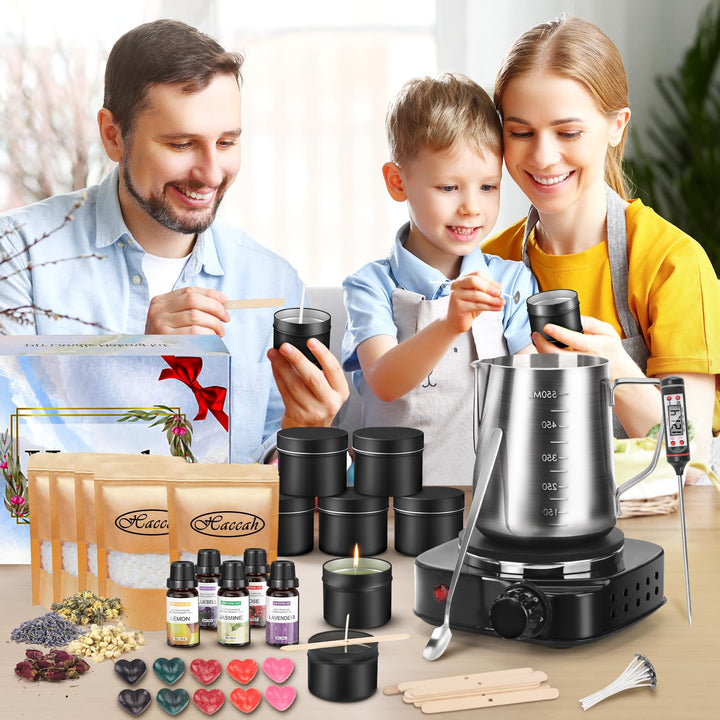 Complete Candle Making Kit with Wax Melter, Making Supplies,DIY Arts&amp;Crafts Gift for Kids,Beginners,Adults,Including 500w Electronic Stove,Wicks,Rich Scents,Dyes,Melting Pot,Candle tins
