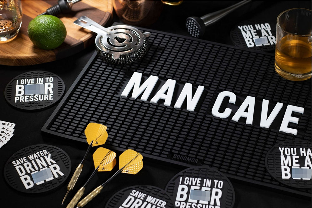 Bodomor Bar Mat & 8 Funny Coasters for Drinks - Coffee Maker Mat & Cup Coasters Set 17.8x11.8 Rubber Drying Mat with Coasters Man Cave Decor (Black)