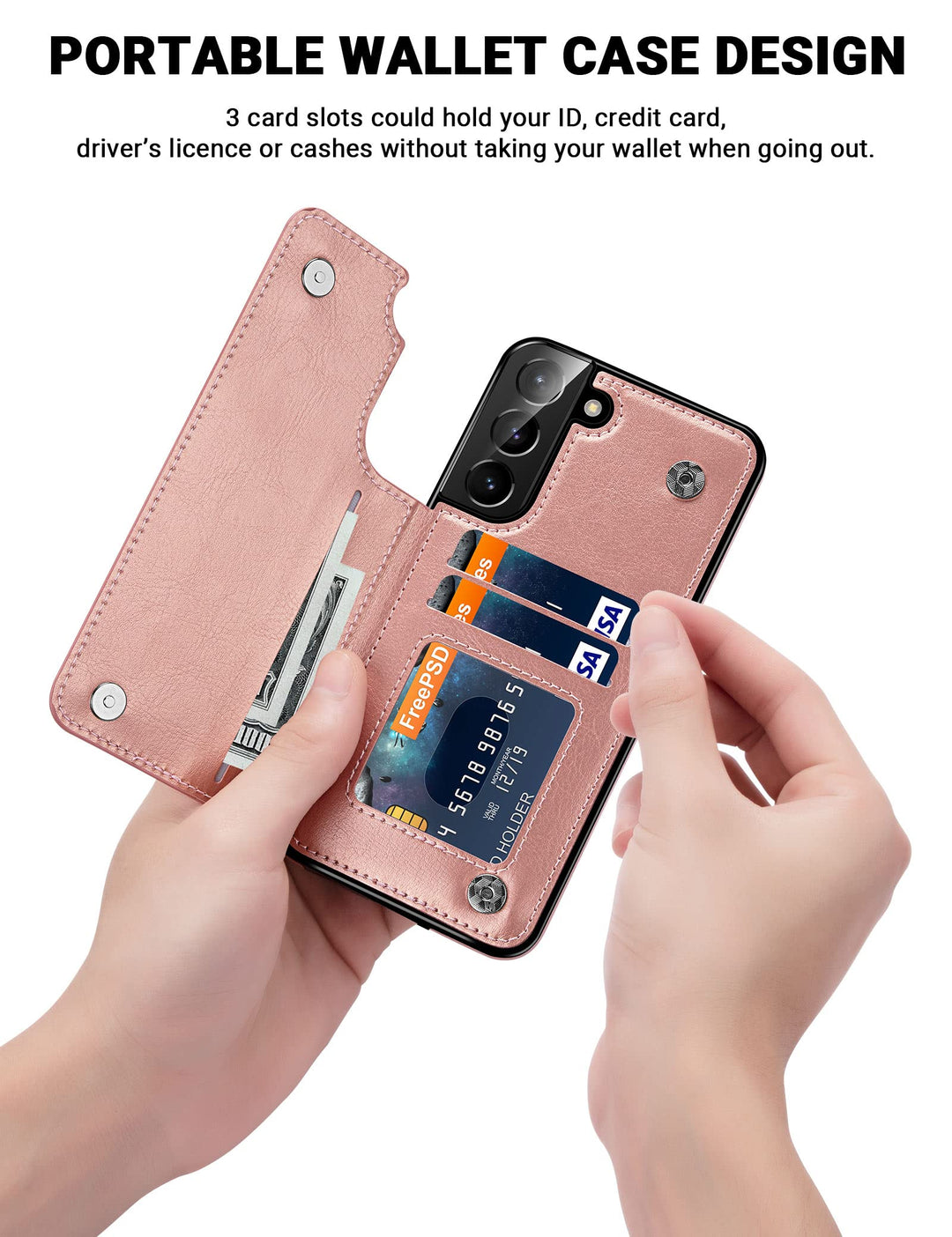 Galaxy S22 Case, for Samsung Galaxy S22 Cases Wallet Case Men Women ID Credit Card Slot Holder Cash Pocket PU Leather Sleeve Double Magnetic Closure Clasp Galaxy S22 5G Flip Cases Rose Gold