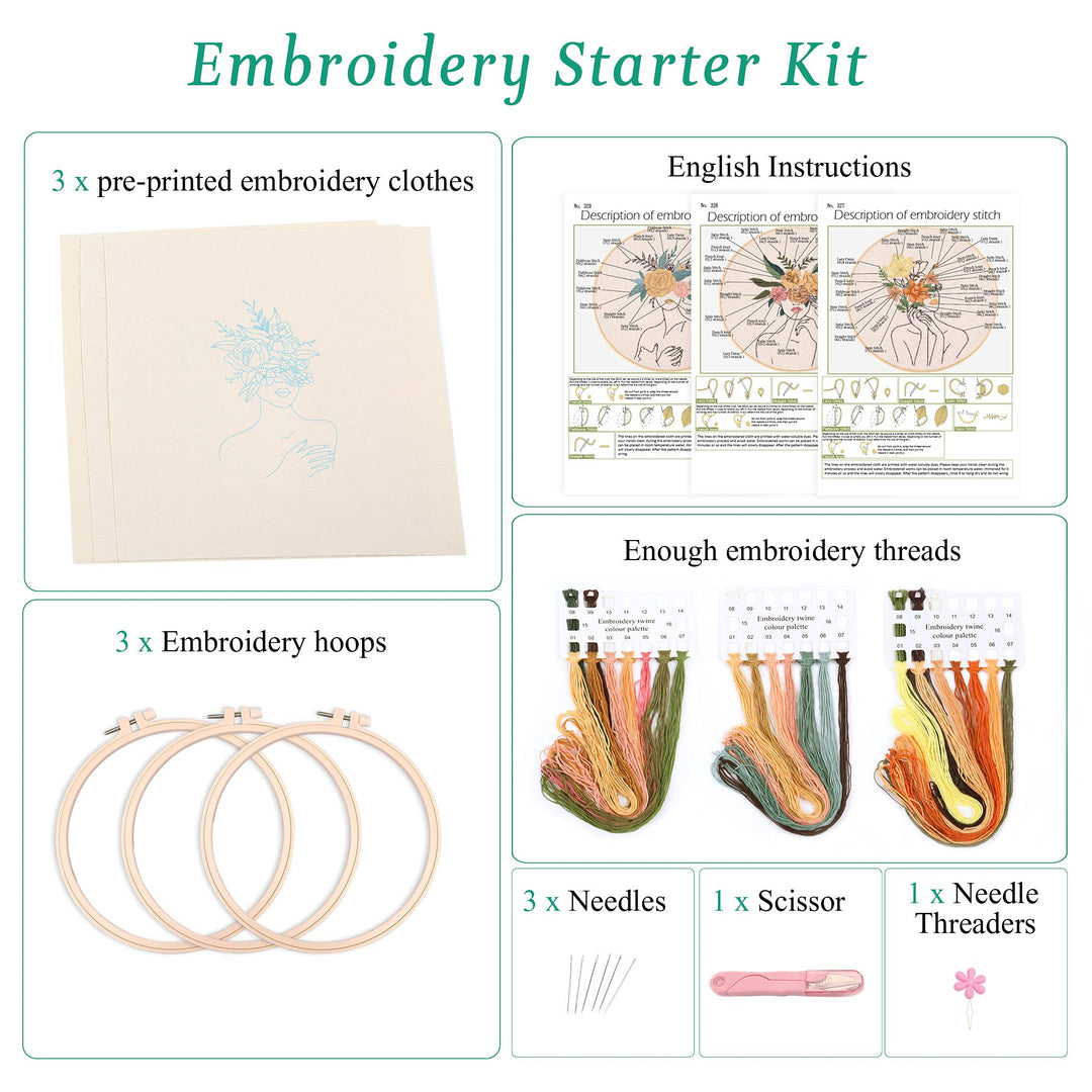 3 in Beginner Embroidery Kit,Floral Plant Pattern,Cross Stitch Kits , Including Stamped Embroidery Cloth with 3 Embroidery Hoops, Color Threads and Embroidery Kits