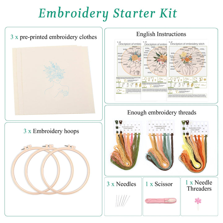 3 in Beginner Embroidery Kit,Floral Plant Pattern,Cross Stitch Kits , Including Stamped Embroidery Cloth with 3 Embroidery Hoops, Color Threads and Embroidery Kits