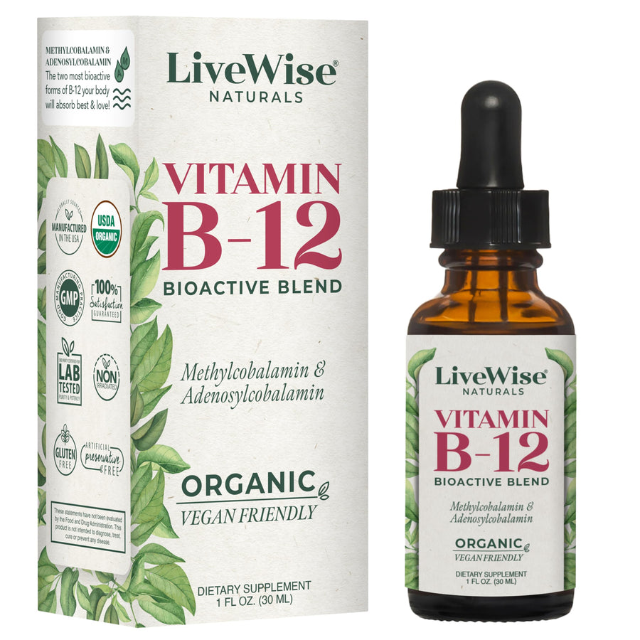 LiveWise Naturals B12 Vitamin Drops Non-GMO, Organic Bioactive Blend for Energy, Clarity, Focus, and Easy Absorption, Adenosylcobalamin & Methylcobalamin Supplement, Vegan, Gluten-Free, Dairy-Free
