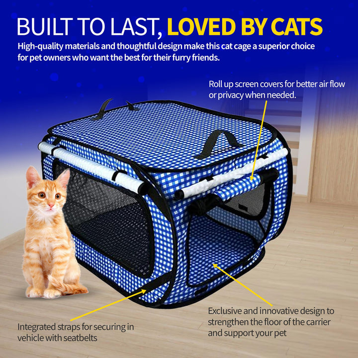 Extra Large Cat Carrier for Travel - Foldable &amp; Portable Collapsible Kennel with Litter Box, Feather Toy &amp; Water/Food Bowl - Ideal for Cars, Long Trips &amp; Indoor Cats - Blue Checkers