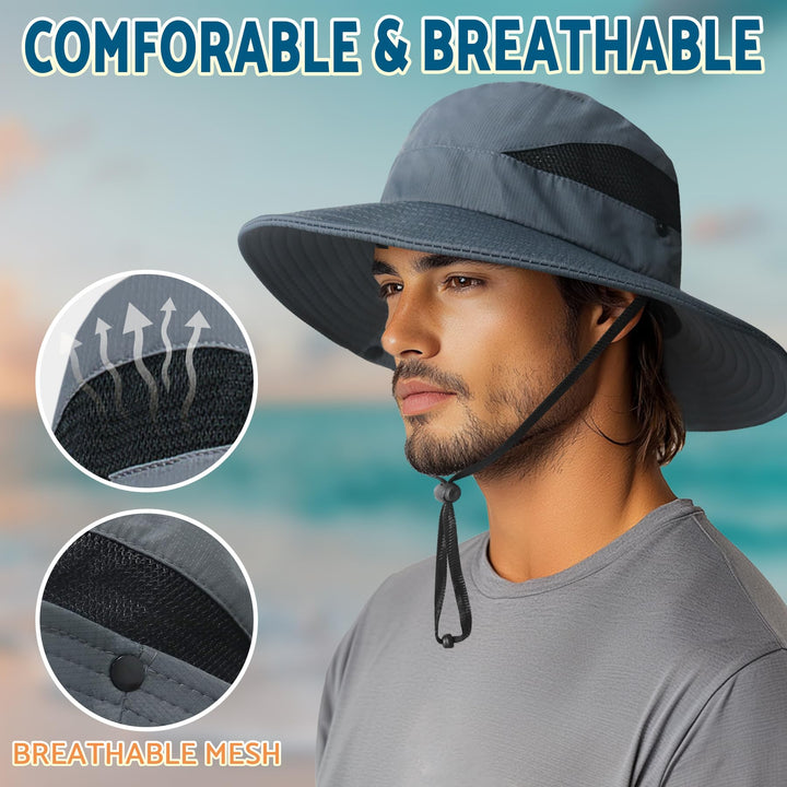 PFFY Sun Bucket Hats for Men Women 3” Wide Brim UPF 50+ Fishing & Beach Hat Darkgrey